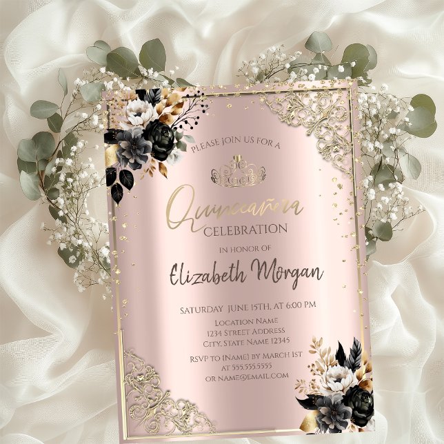 Black Roses,Tiara,Diamonds Rose Gold Quinceañera  Invitation (Creator Uploaded)