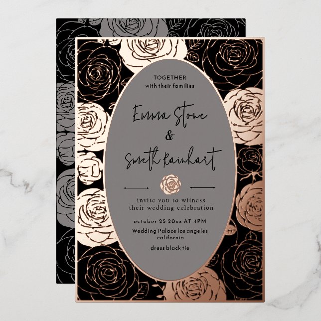 Black Roses Wedding Foil Invitation (Front/Back)