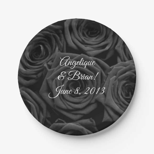 black roses wedding reception paper plates (Front)