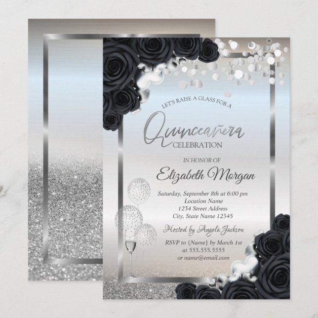 Black Roses Wine Glass Balloons Quinceañera Invitation (Front/Back)