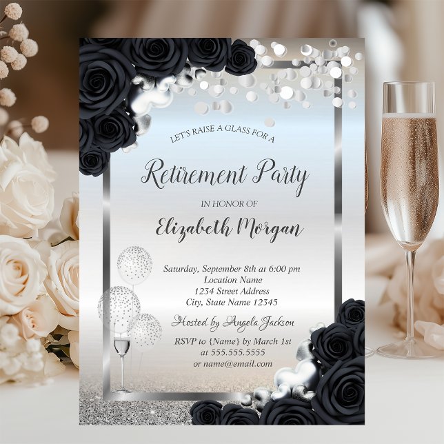 Black Roses Wine Glass Balloons Retirement   Invitation (Creator Uploaded)