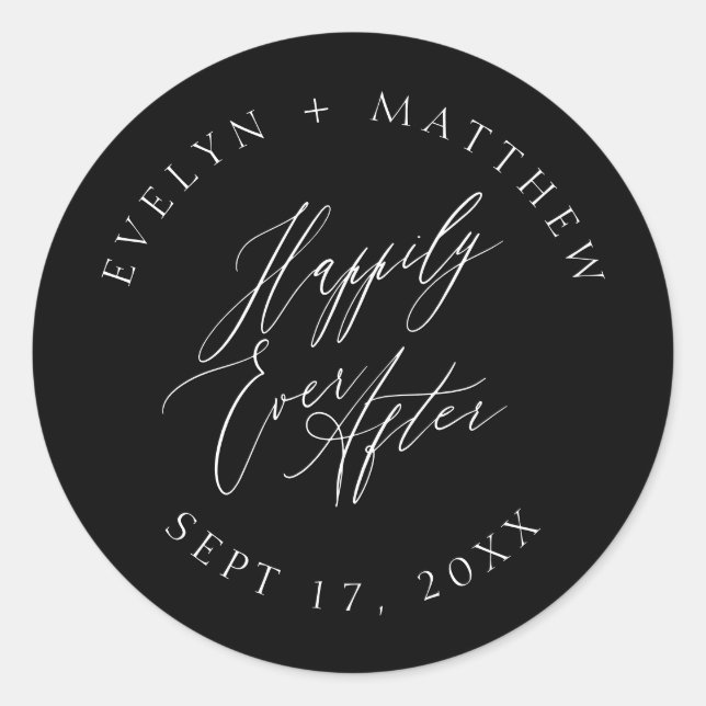 Black Round Happily Ever After Calligraphy Wedding Classic Round Sticker (Front)