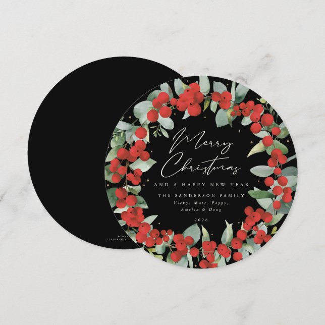 Black Round Red Berry+Eucalyptus Christmas Wreath Holiday Card (Front/Back)