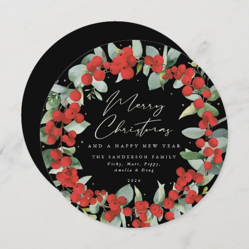 Black Round Red BerryEucalyptus Christmas Wreath Holiday Card