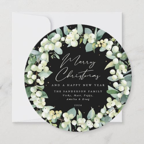 Black Round SnowberryEucalyptus Christmas Wreath Holiday Card