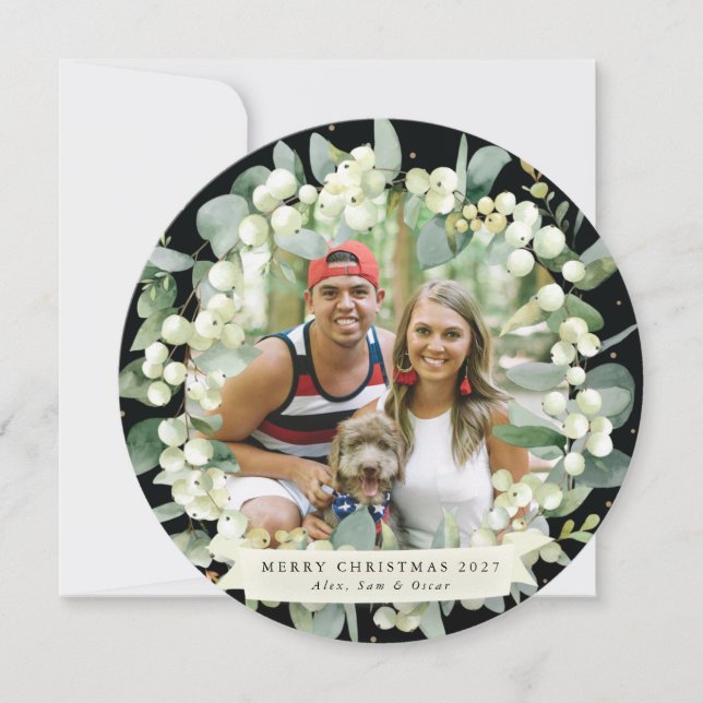 Black Round Snowberry+Eucalyptus Christmas Wreath Holiday Card (Front)