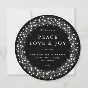Black Round Sparkling Lights Peace Love + Joy Holiday Card