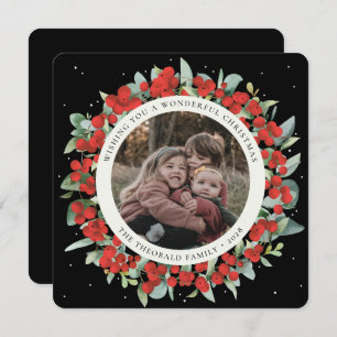 Black Round/Square Red Berries+Eucalyptus Photo Holiday Card