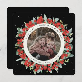 Black Round/Square Red Berries+Eucalyptus Photo Holiday Card