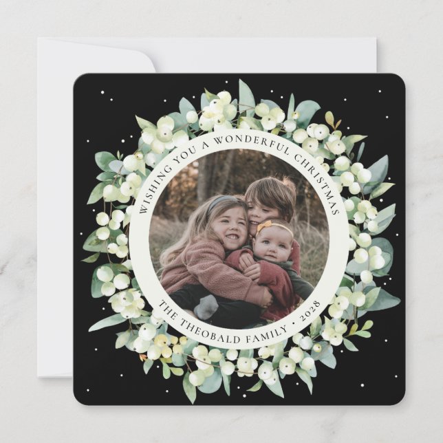 Black Round/Square Snowberry+Eucalyptus Photo Holiday Card (Front)