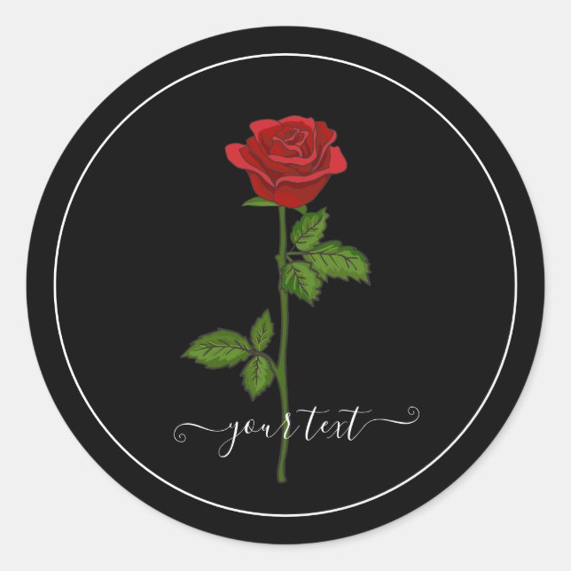 Black Round Sticker with Red Rose & Custom text (Front)