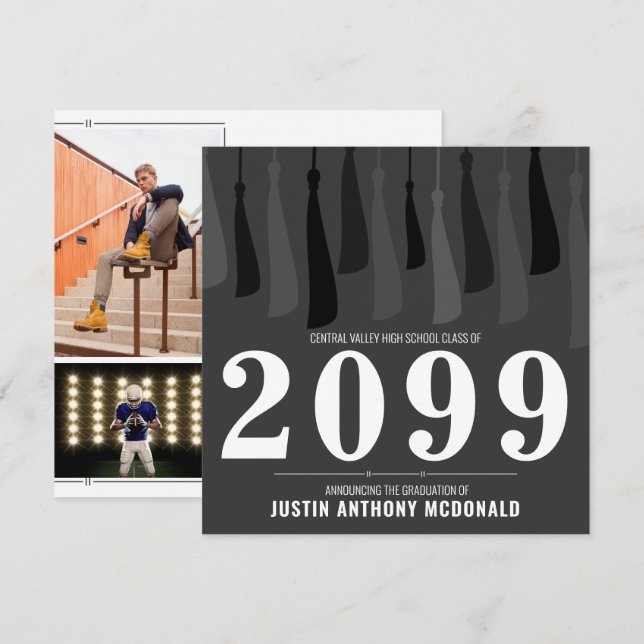 Black Row of Tassels Two-Photo Graduation Invitation (Front/Back)