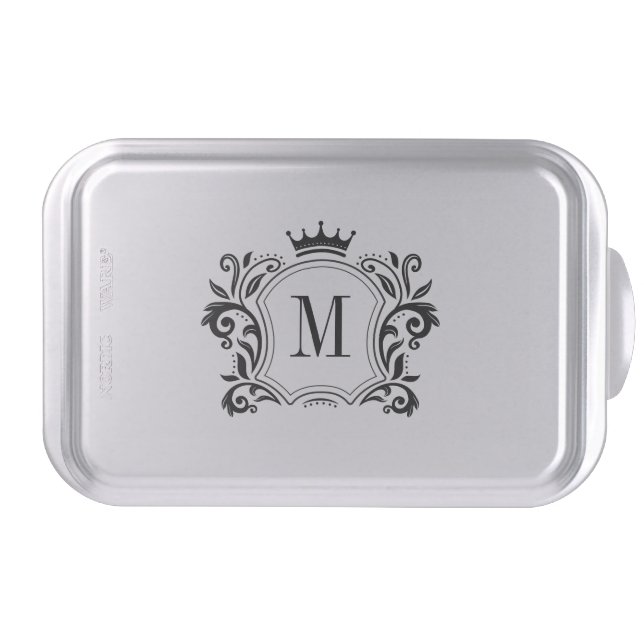 Black Royal Badge Scrolls Crown Custom Monogram Cake Pan (Front)
