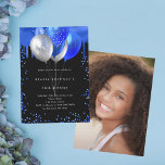 Black royal blue balloons photo invitation<br><div class="desc">A girly and feminine 18th (or any age) birthday party invitation. On front: A chic black background. Decorated with royal blue paint drips,  dripping look and balloons. Personalize and add a name and party details. The name is written with a hand lettered style script
Back: add a photo.</div>
