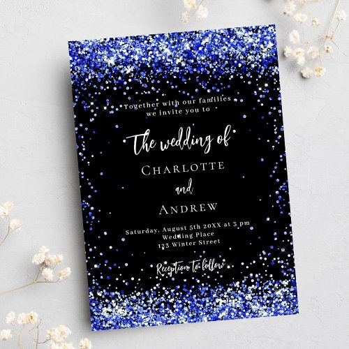 Black royal blue confetti luxury wedding invitation