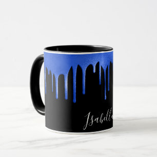 Black royal blue glitter drips name script mug