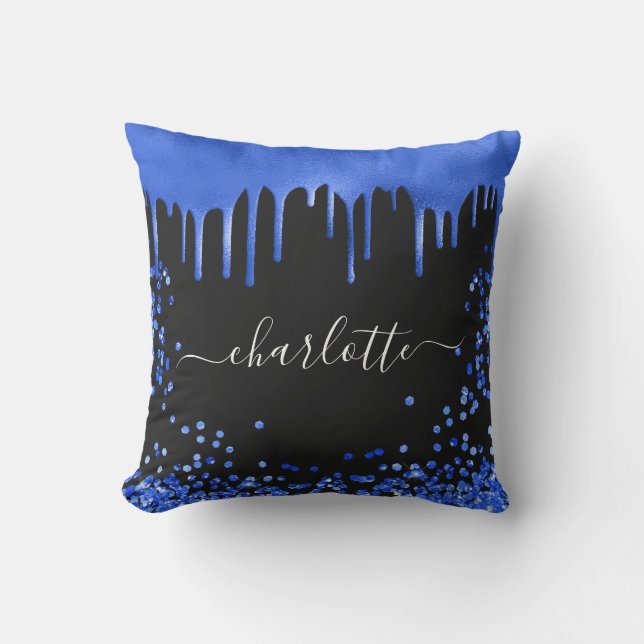 Black royal blue glitter drips name script outdoor pillow (Front)