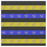 Black, royal blue, gold folk flower stripe fabric
