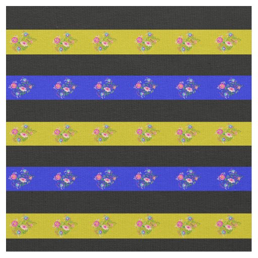 Black, royal blue, gold folk flower stripe fabric