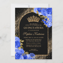 Black Royal Blue Gold Glitter Floral Quinceanera
