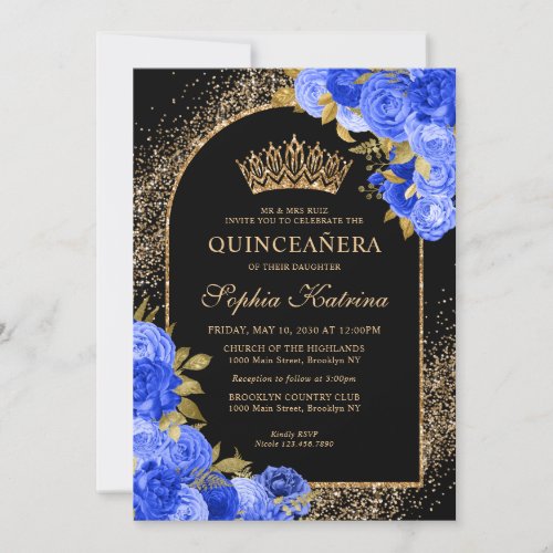 Black Royal Blue Gold Glitter Floral Quinceanera Invitation