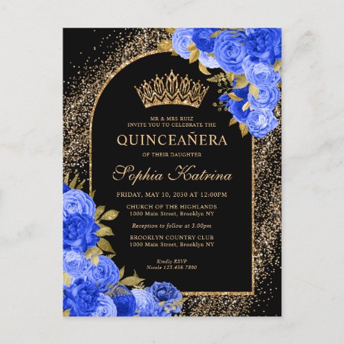 Black Royal Blue Gold Glitter Floral Quinceanera Invitation Postcard