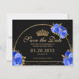 Black Royal Blue Gold Glitter Floral Quinceanera Postcard
