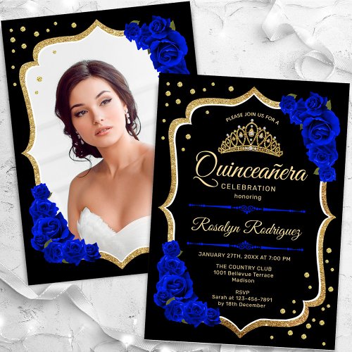 Black Royal Blue Gold Photo Quinceanera Invitation