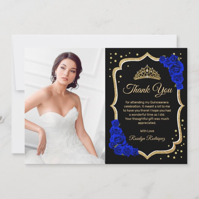 Black Royal Blue Gold Quinceanera Photo Thank You Card (Front)