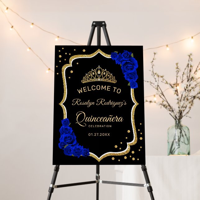 Black Royal Blue Gold Quinceanera Welcome Foam Board (In Situ (Stand))