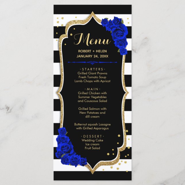 Black Royal Blue Gold White Menu Card (Front)