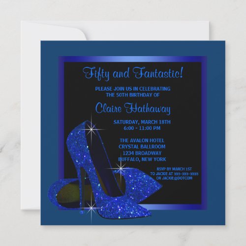 Black Royal Blue High Heels Womans Birthday Party Custom Invite