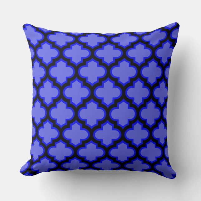 Black Royal Blue Quatrefoil Trellis Pillow (Front)
