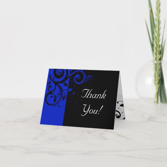 Black/Royal Blue Reverse Swirl Wedding Thank You Card (Front)