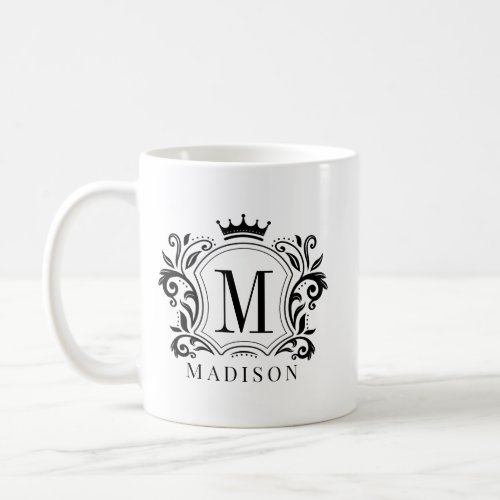 Black Royal Crest Crown Scrolls Monogram Coffee Mug