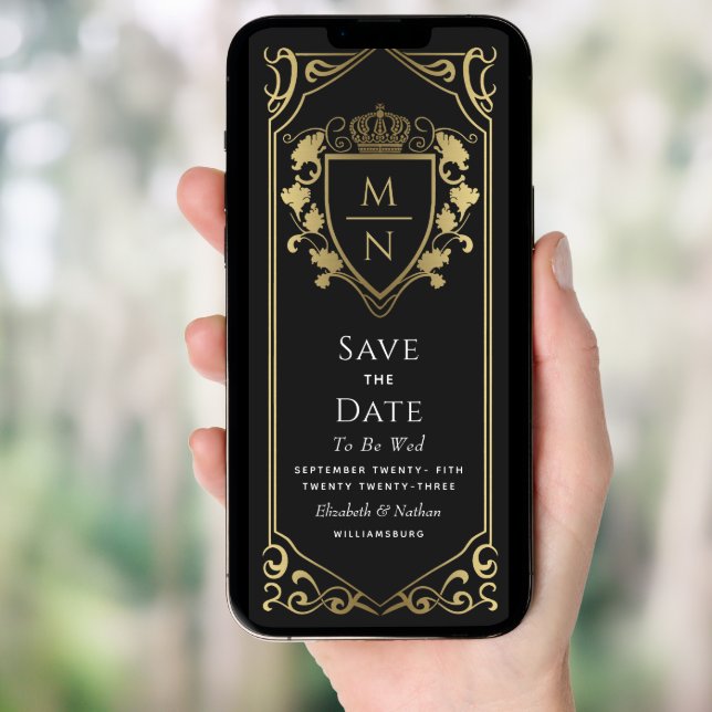 Black Royal Fantasy Monogram Save the Date Invitation (Front Digital)