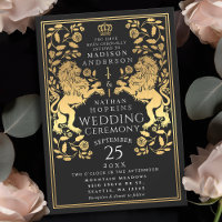 Black Royal Lion Medieval Gold Wedding Invitation