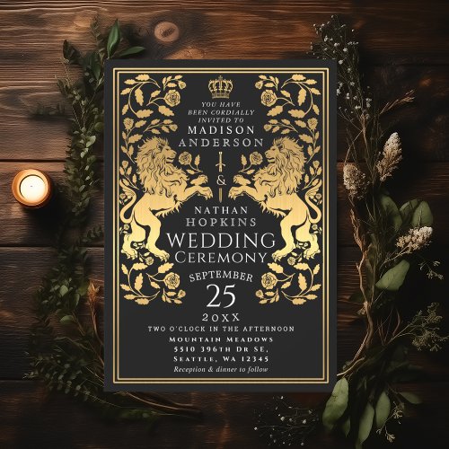 Black Royal Lion Medieval Gold Wedding Invitation