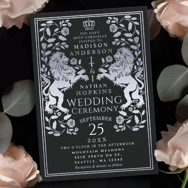 Black Royal Lion Medieval Silver Wedding Invitation (Creator Uploaded)