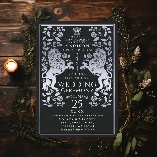 Black Royal Lion Medieval Silver Wedding Invitation