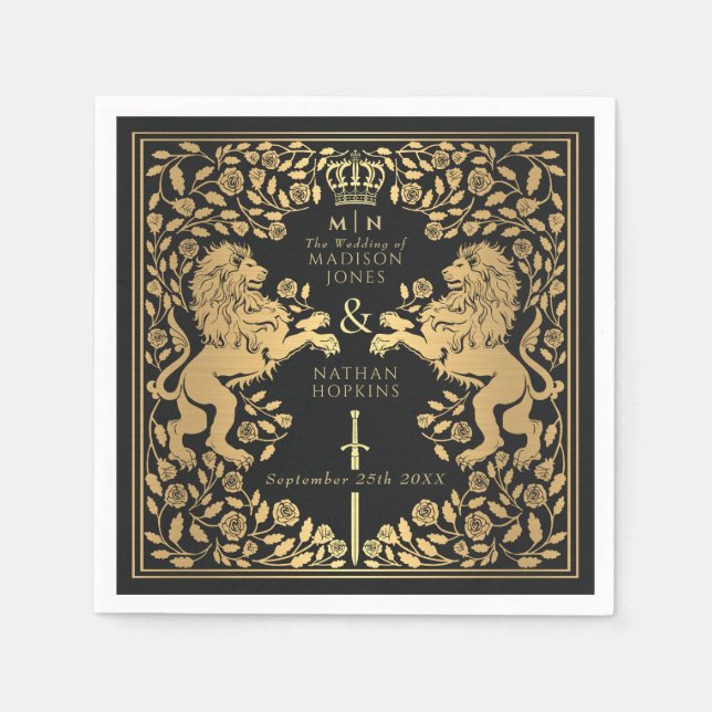 Black Royal Lion Medieval Sword Wedding  Napkins (Front)