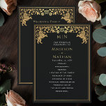 Black Royal Lion Medieval Sword Wedding Program<br><div class="desc">Unveil the magic of your big day! These medieval fantasy wedding programs feature a regal lion surrounded by intricate gold florals and a monogram against a black background, blending elegance with a touch of grandeur. A perfect keepsake for your fairytale celebration! The gold featured on this item is NOT real...</div>