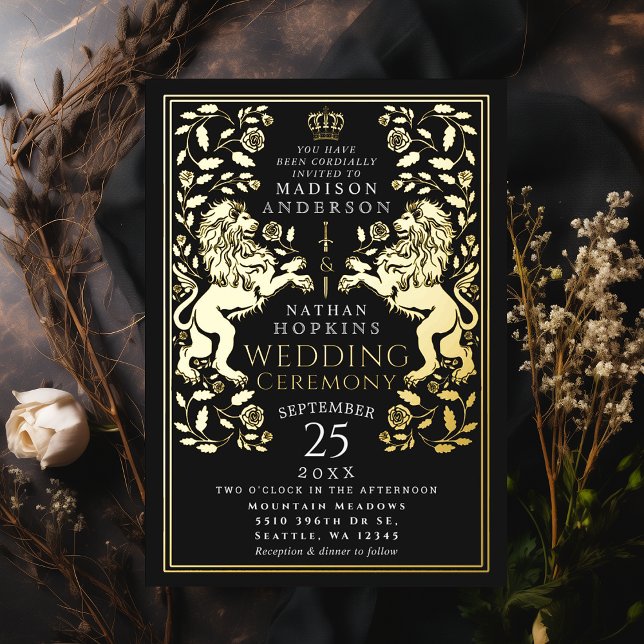 Black Royal Lion Medieval Wedding  Foil Invitation (Creator Uploaded)