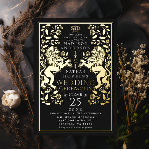Black Royal Lion Medieval Wedding  Foil Invitation