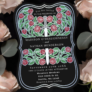 Black Royal Medieval Floral Silver Sword Wedding Invitation