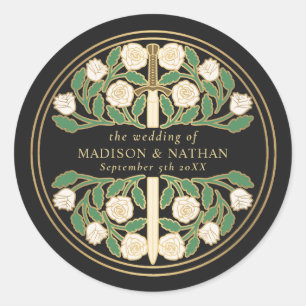 Black Royal Medieval Floral Sword Wedding  Classic Round Sticker