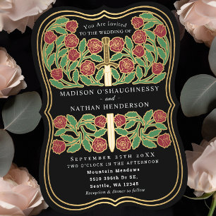 Black Royal Medieval Floral Sword Wedding Invitation