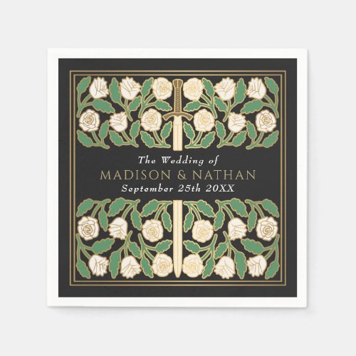 Black Royal Medieval Gold Floral Sword Wedding Napkins