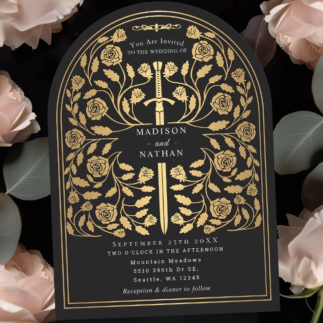 Black Royal Medieval Gold Sword Wedding Arch Invitation (Creator Uploaded)