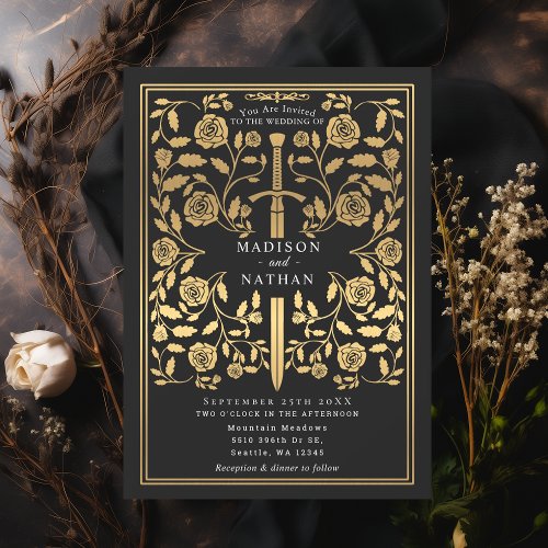 Black Royal Medieval Gold Sword Wedding Invitation